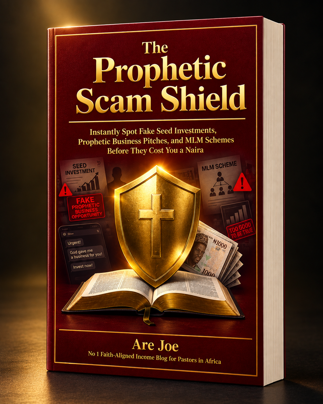 The Prophetic Scam Shield book cover: instantly spot fake seed investments, prophetic business pitches, and MLM schemes before they cost you a naira