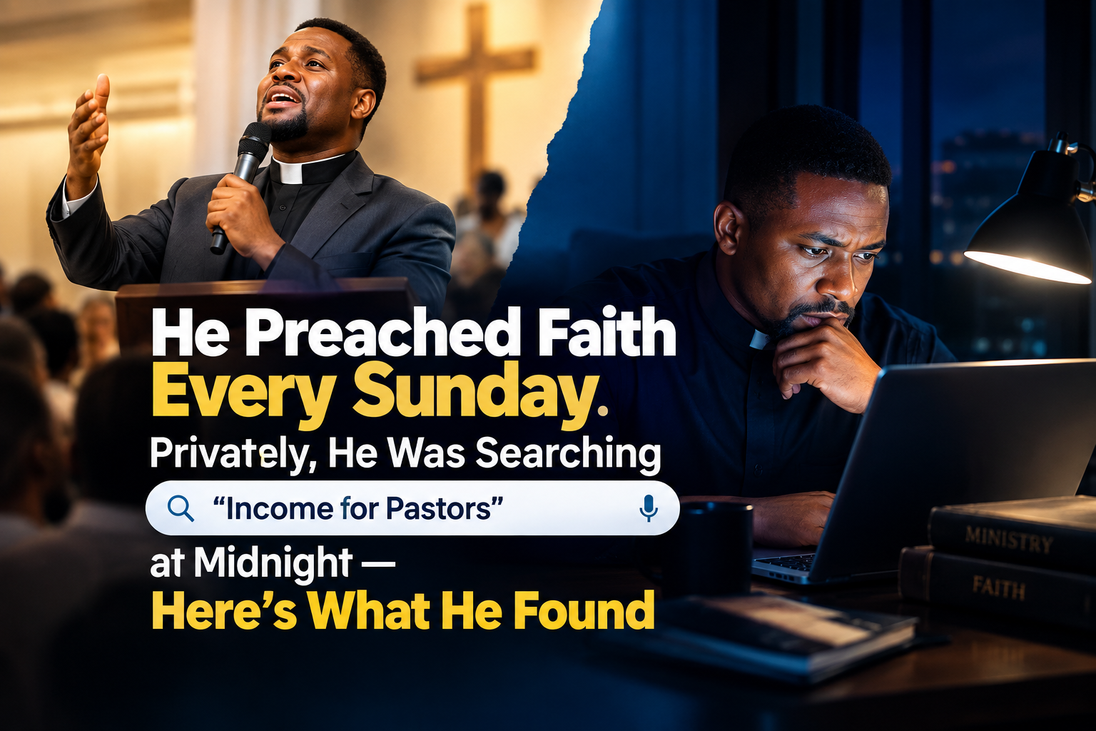 A pastor preaching on Sunday and the same pastor searching for income for pastors on his laptop at midnight